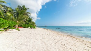 A sandy beach with palm trees and a pier in the distance. - OCEANFRONT LUXURY CONDO IN TULUM/TANKAH WITH BEACHCLUB (Tulum)