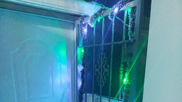 A door with a frosted glass panel, adorned with green and white lights, and a decorative metal piece. - House 2nd level near AILA!!!! (Santo Domingo Este)