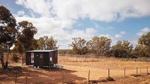 Une petite maison mobile de couleur sombre, équipée d’une remorque, est située dans un champ sec et clôturé, avec quelques arbres clairsemés en arrière-plan.