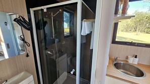 Shower, hair dryer, towels