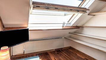 Une pièce dotée d’une lucarne, d’un téléviseur, d’un radiateur, d’un plancher en bois et d’une lampe à rayures.