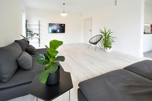 A modern living room with a grey sofa, a black coffee table, and a potted plant. - Comfortable Holiday Villa, Mielenko (Mielno)