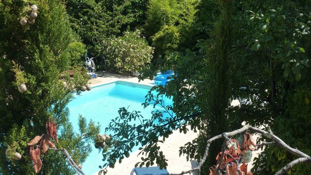 A clear blue swimming pool surrounded by lush greenery, with a few lounge chairs and a small structure in the background. - Pretty Holiday Home in Courry With Swimming Pool (Courry)