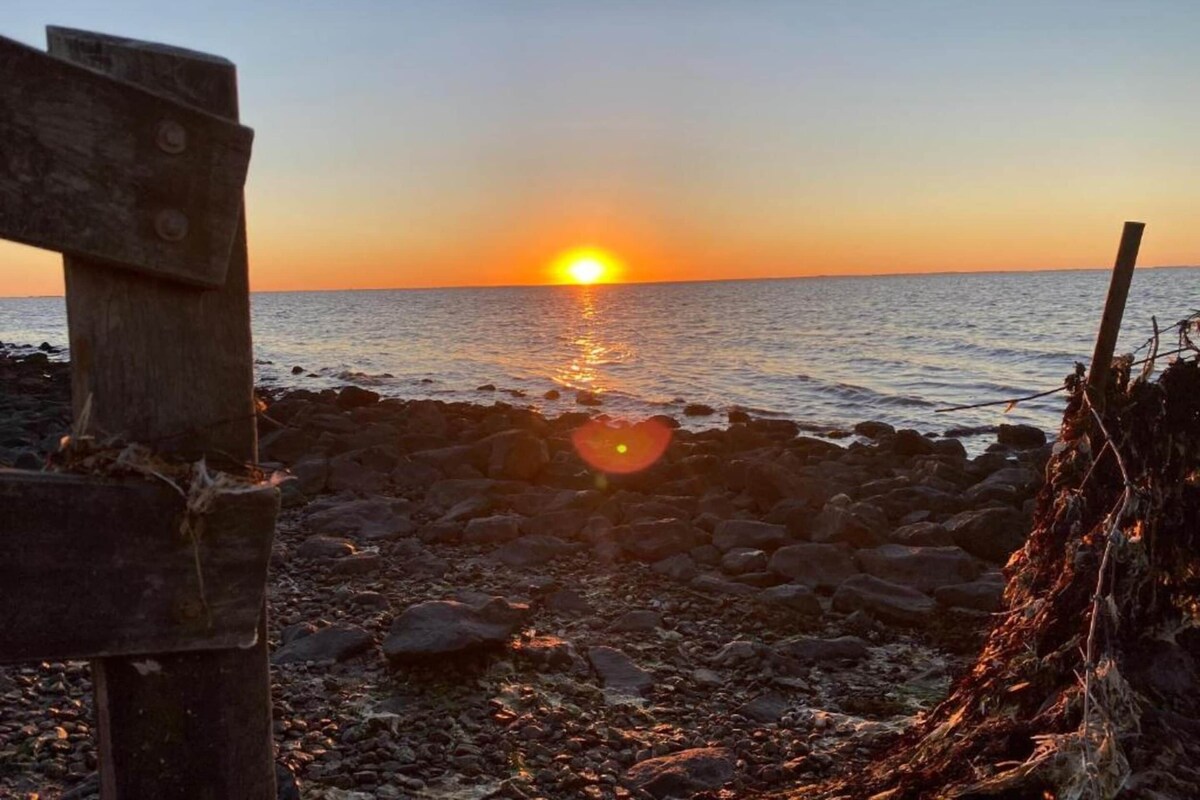 Un atardecer sobre una playa rocosa con una estructura de madera al frente.