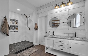 Hair dryer, towels, soap, shampoo