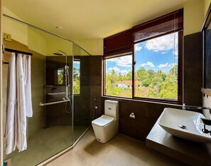 Shower, towels, soap, shampoo