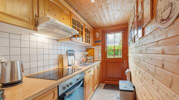 Eine Holzhütte mit einer Küche, inklusive Herd, Spüle und Schränken.