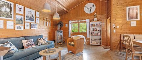 Televisión, chimenea y estéreo