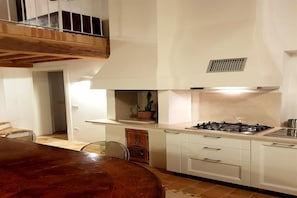 Fridge, stovetop, dishwasher, coffee/tea maker