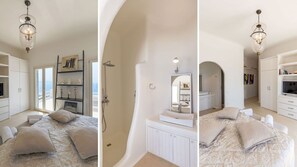 Relax in this serene bedroom with a large bed, wardrobe, and vanity, plus a shower and balcony with a view.