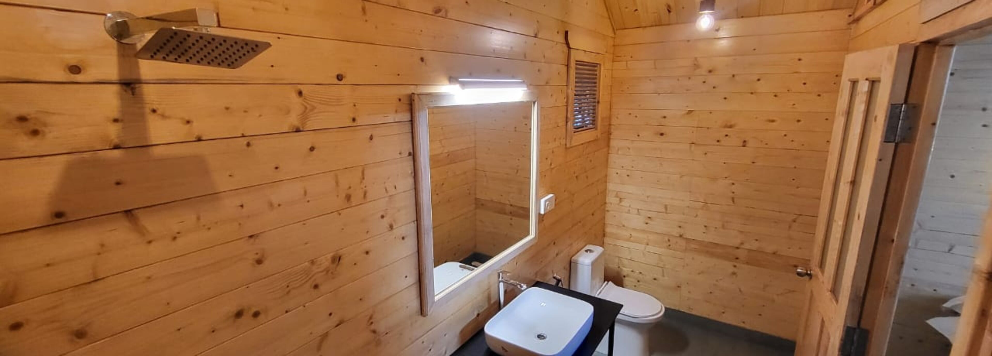 Une salle de bain rustique, aménagée dans une cabane en bois, avec une douche, des toilettes et un lavabo.