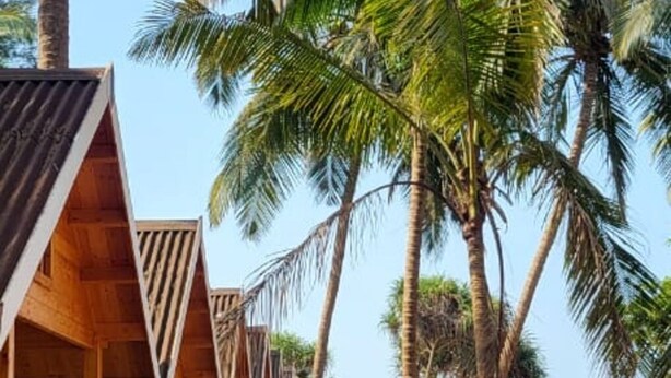 A row of wooden beach huts with a paved walkway between them, surrounded by palm trees and a clear sky. - Sand Tent Beach Resort Patnem (Canacona)