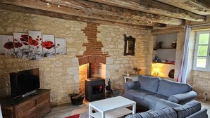 Un salon de style rustique avec un mur en pierre, une cheminée, un canapé gris, un téléviseur et des œuvres d’art accrochées au mur.