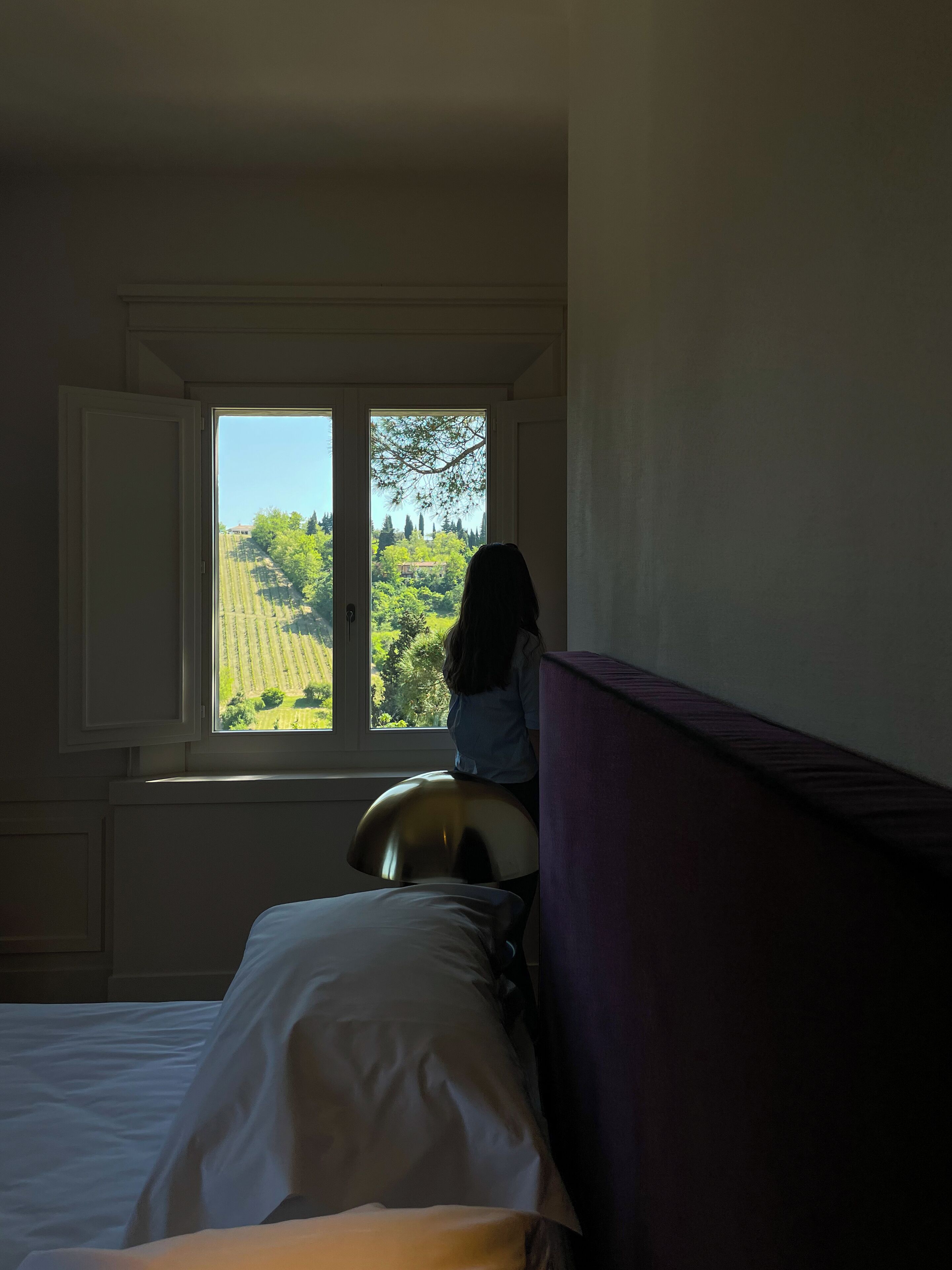 Une chambre avec un lit, une fenêtre et une vue sur un vignoble.