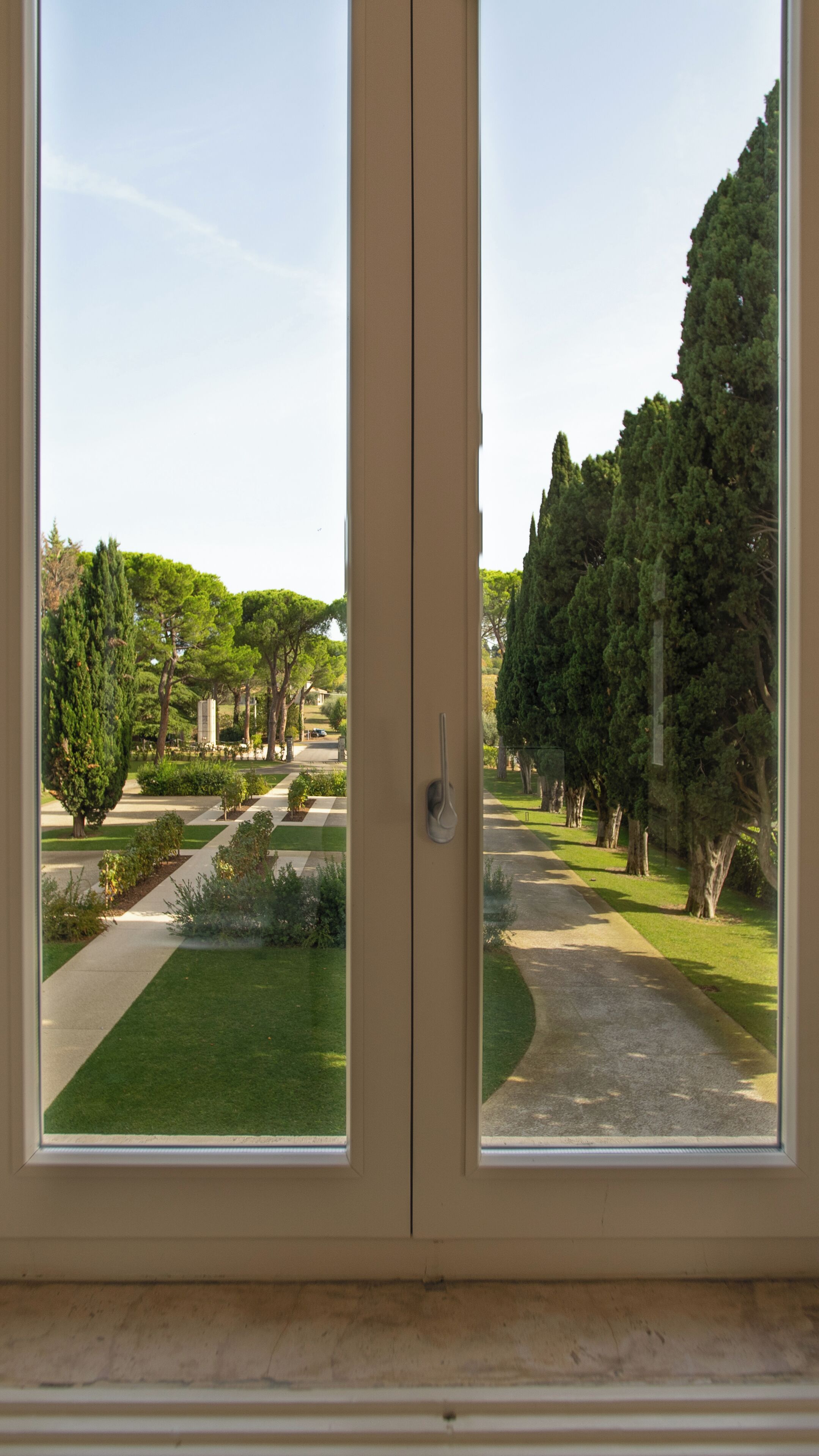 A view through a window of a park with pathways, trees, and a clear sky.