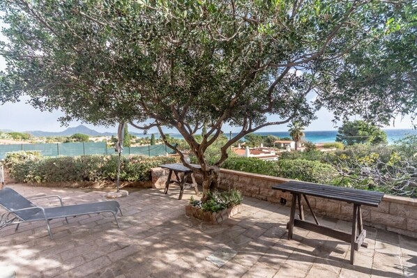 An outdoor patio with a tree, a bench, and a lounge chair.