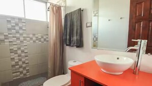 A bathroom with a shower, toilet, and a sink with a mirror above it.