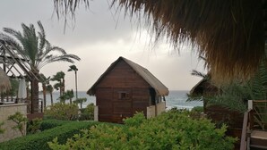A wooden cabin with a thatched roof, surrounded by lush greenery and palm trees, overlooking a calm sea. - Laguava Resort (Rumayla)