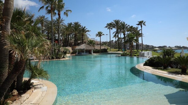 A clear blue swimming pool surrounded by palm trees and a thatched-roof structure. - Laguava Resort (Rumayla)