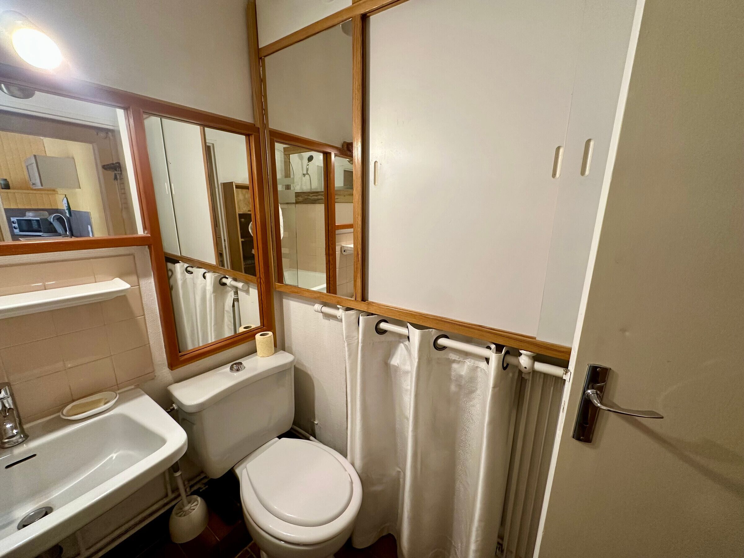 Un baño con inodoro, lavabo y espejo.