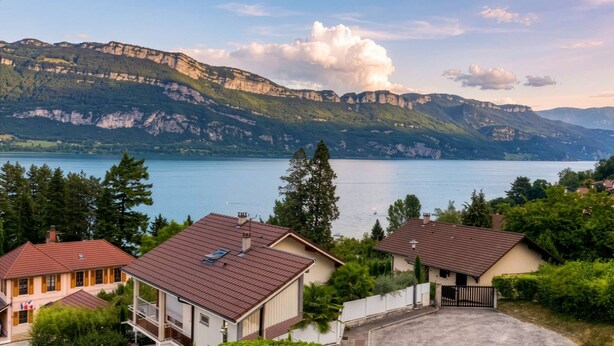 A residential area with houses, a lake, and mountains in the background.