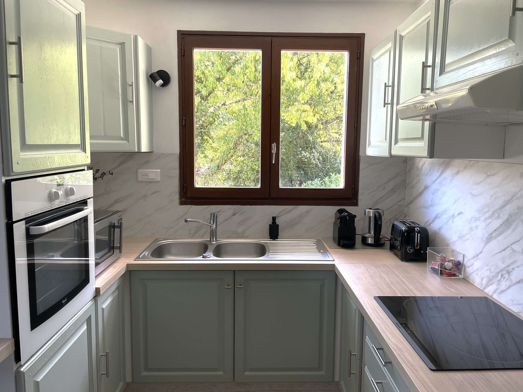 A modern kitchen with a double sink, built-in oven, and a window with a view of greenery.