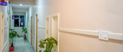 A hallway with white walls, a tiled floor, and potted plants.