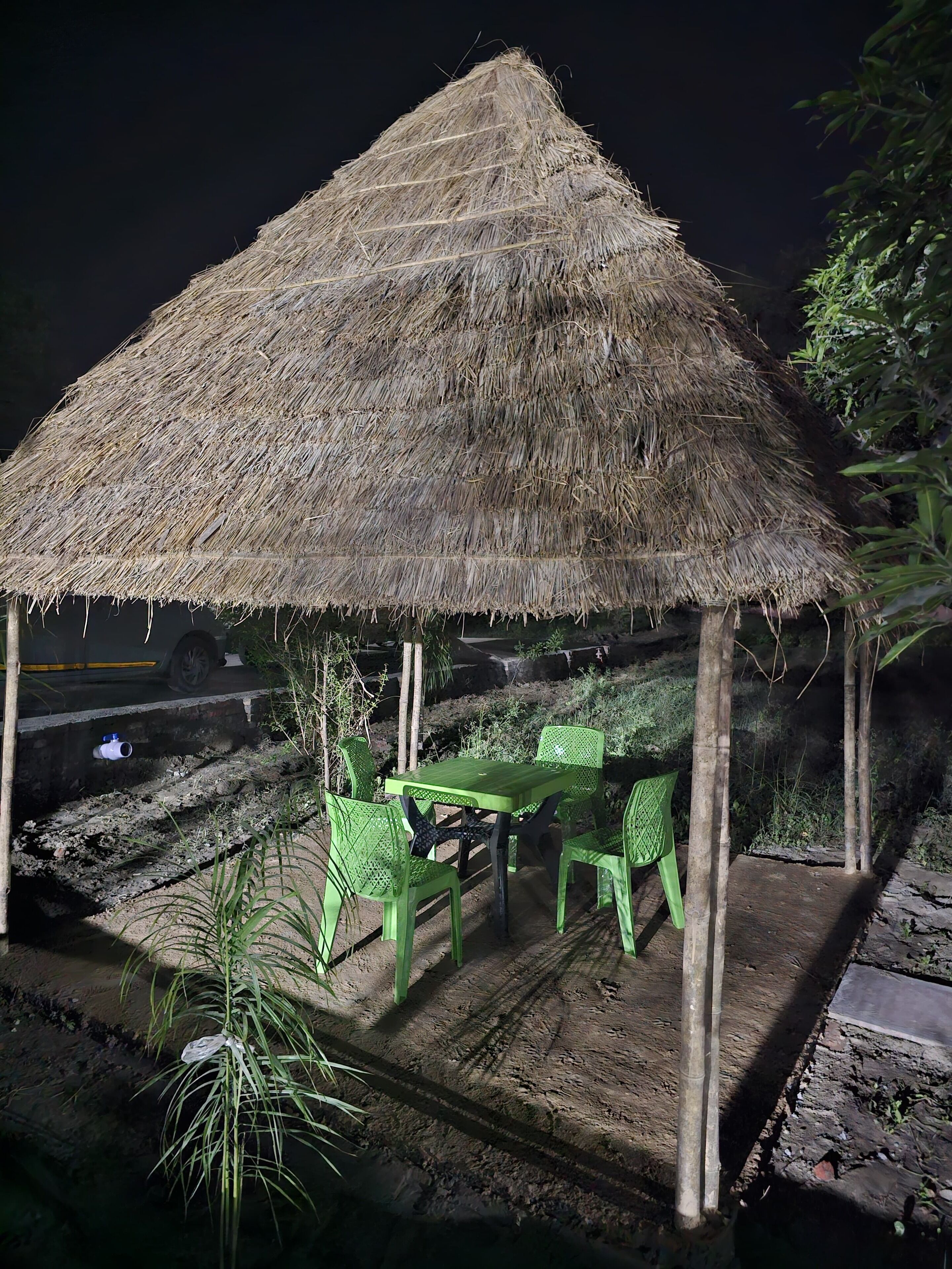 A thatched-roof structure with a table and chairs, surrounded by greenery.