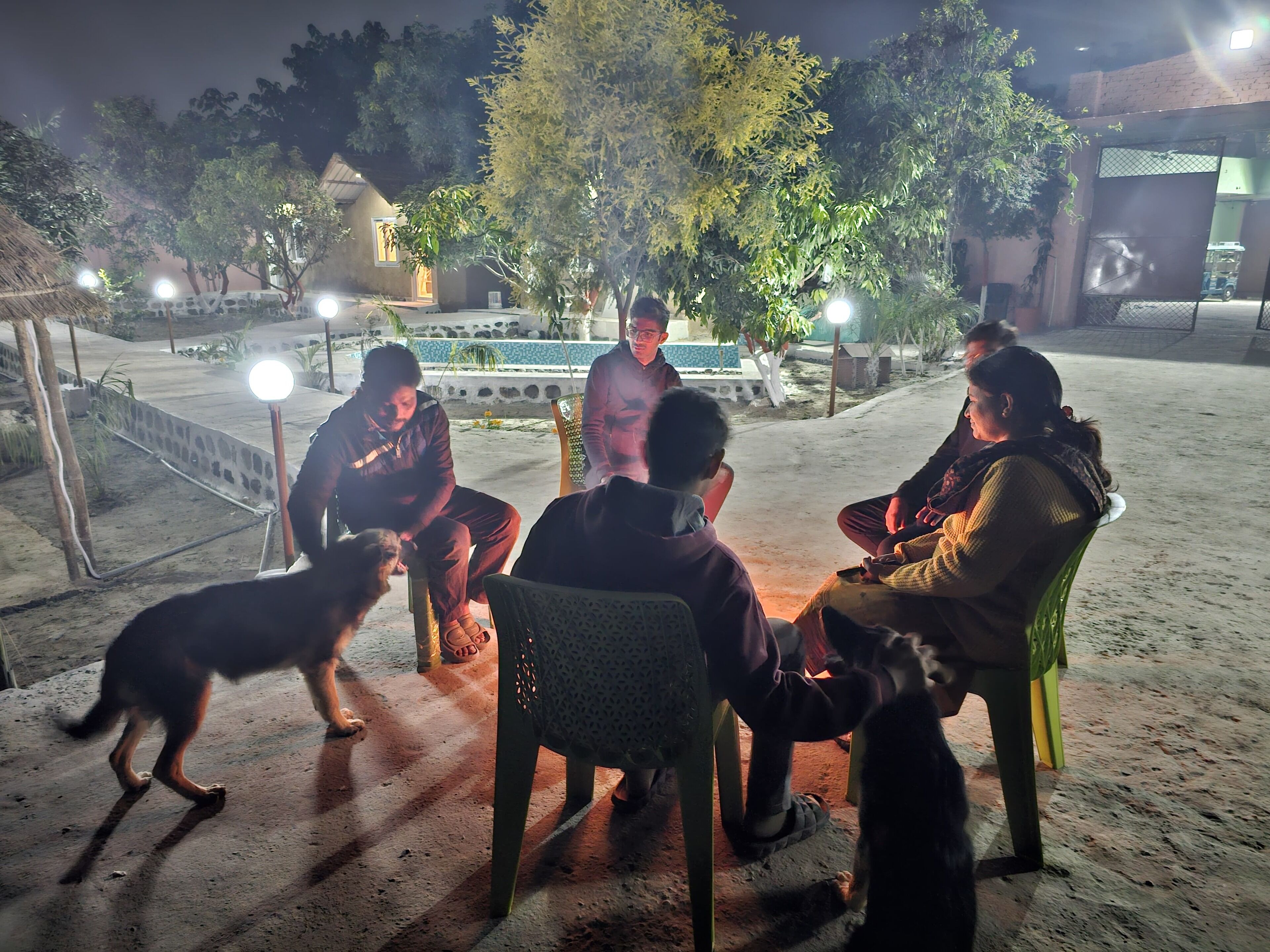 Un groupe de personnes est assis à l’extérieur, de nuit, entouré d’arbres et d’un bâtiment dont on aperçoit l’entrée.