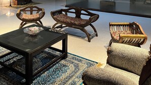 A modern living room with a ceiling fan, a glass partition, and a patterned rug.