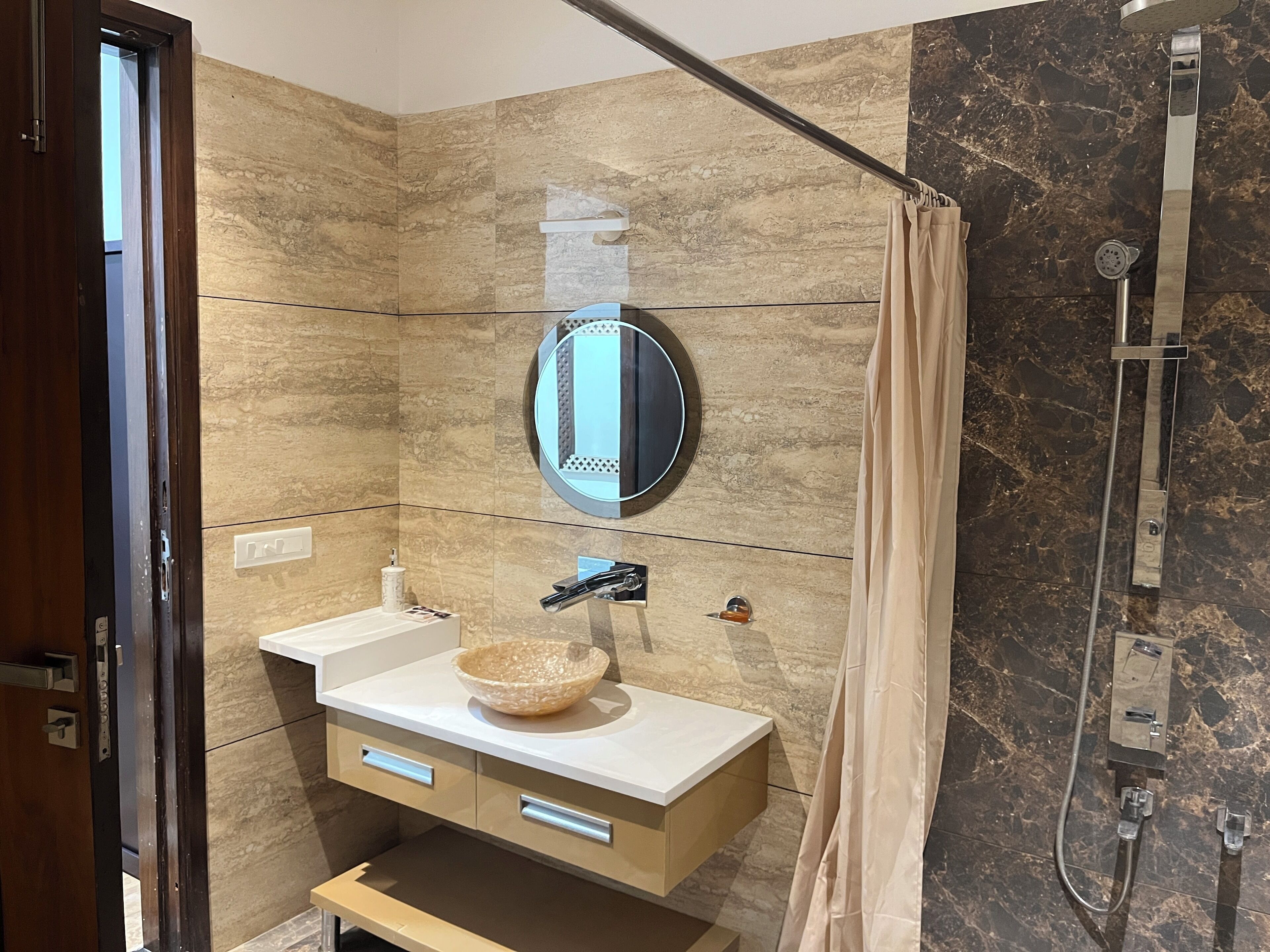 Shower, towels, soap, toilet paper