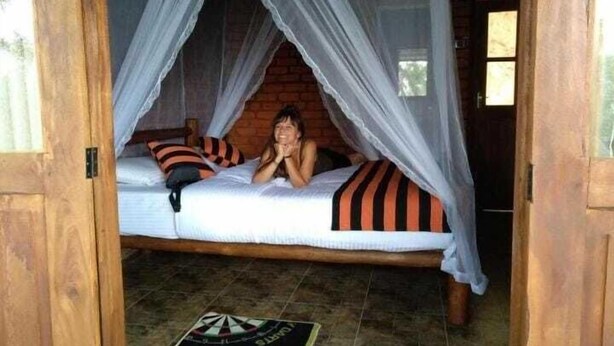 Una cama con dosel, una pared de ladrillo y una puerta.