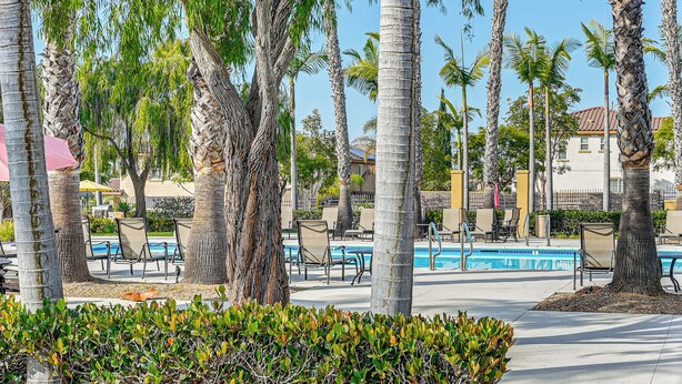 A pool area with palm trees, lounge chairs, and a clear blue sky. - 20 Mi to Old Town San Diego: Stay & Play! (Chula Vista)