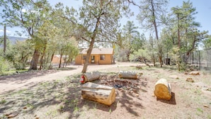 A rustic cabin surrounded by pine trees, with logs and a fire pit in the foreground. - Outdoor Entertainment Spaces: Remote Pine Home! (Pine)