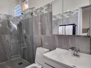 Une salle de bain moderne avec une douche Ă parois de verre, un lavabo blanc et un miroir au-dessus du lavabo.