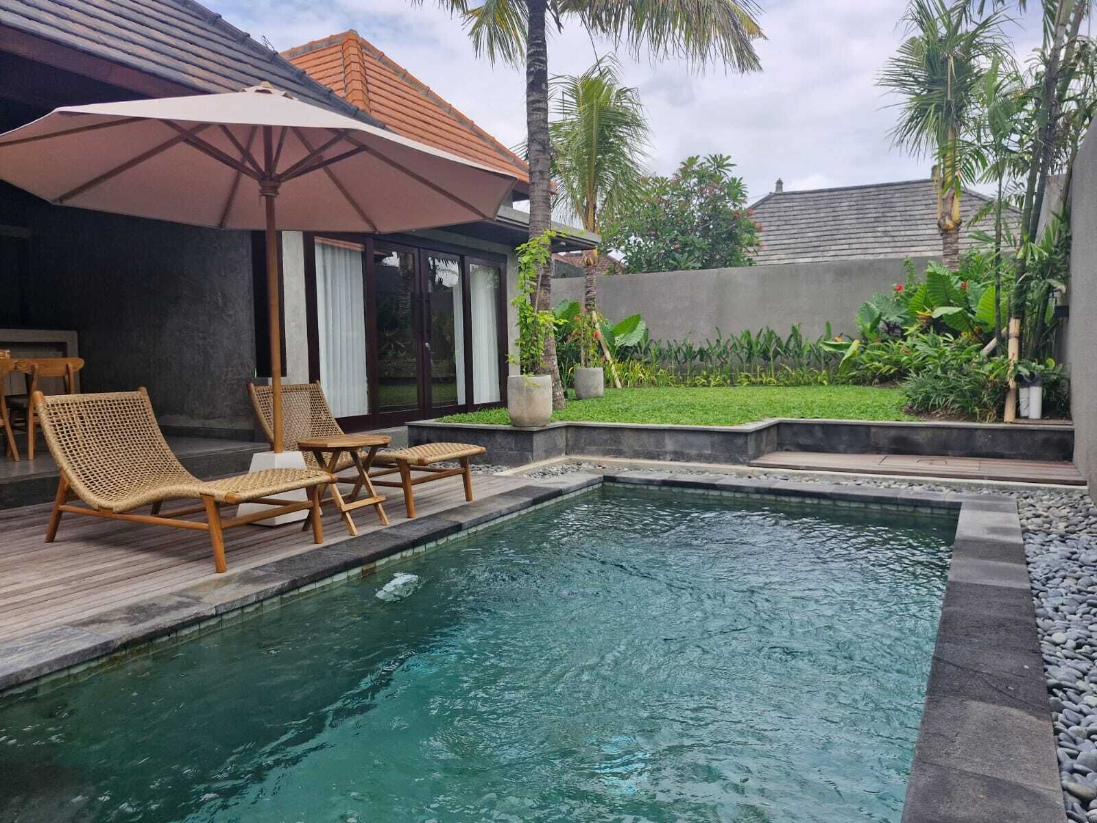 A pool area with wooden lounge chairs and a large umbrella, surrounded by lush greenery and a modern house.