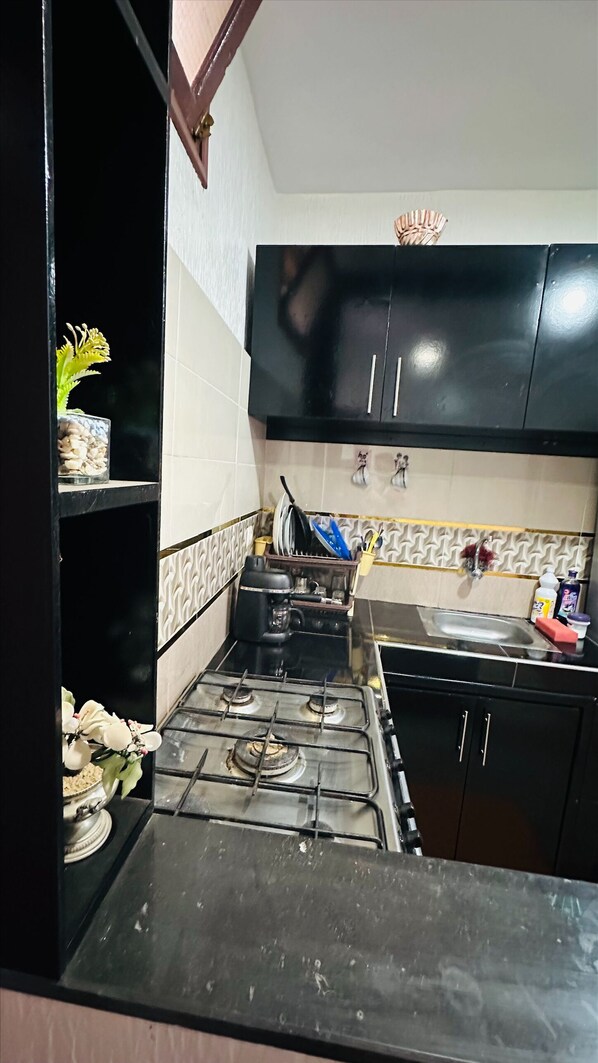 Fridge, microwave, oven, coffee/tea maker