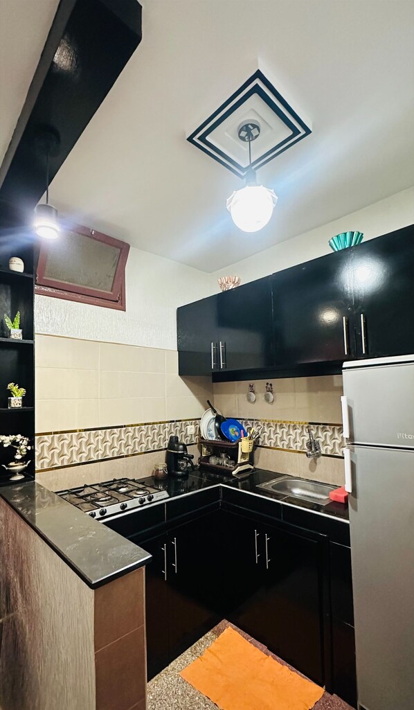 Fridge, microwave, oven, coffee/tea maker