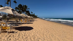 A beach with rows of sun loungers under umbrellas, palm trees, and the ocean. - Porto de Galinhas, Malawi Beach Resort - Flat SKY (Ipojuca)