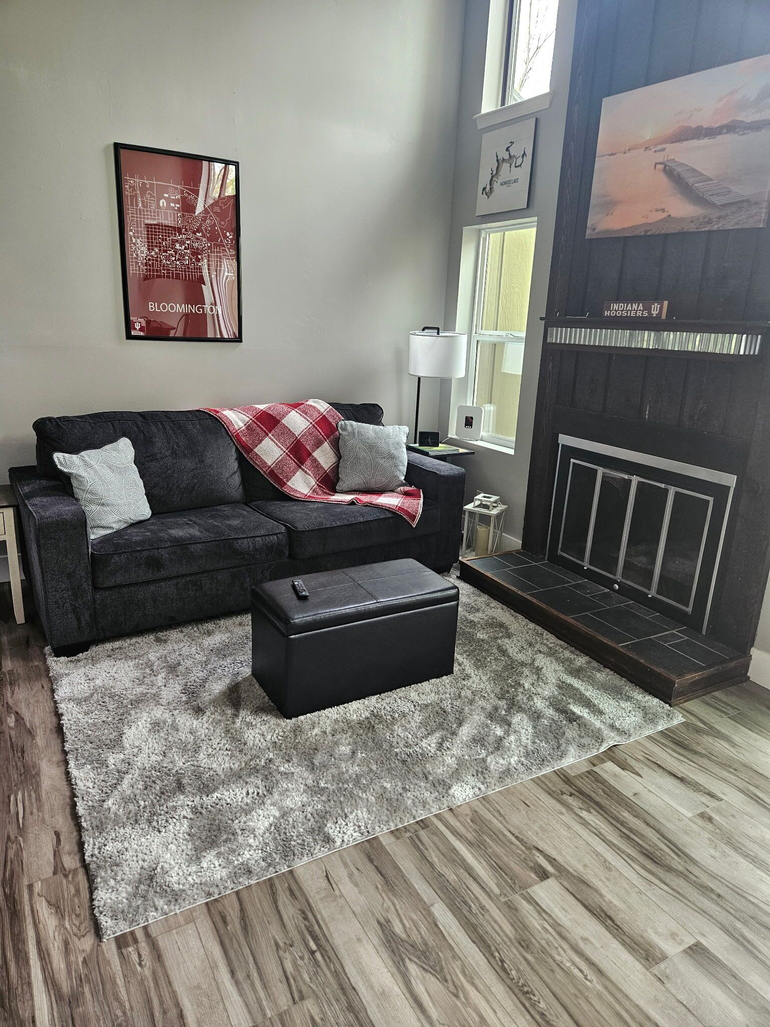 A modern living room with a sectional sofa, a fireplace, and a rug.