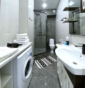 Ducha, secador de pelo, toallas, jabón