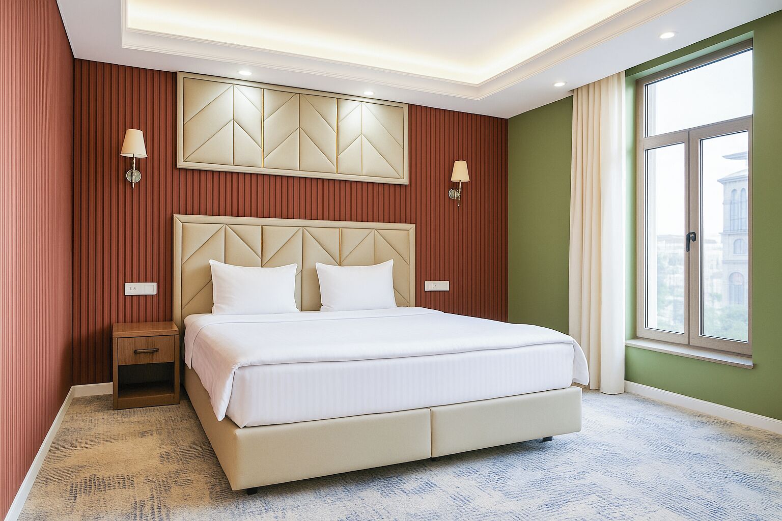 Quarto casal standard, sacada | Frigobar, cofres nos quartos, individualmente decorados, escrivaninha