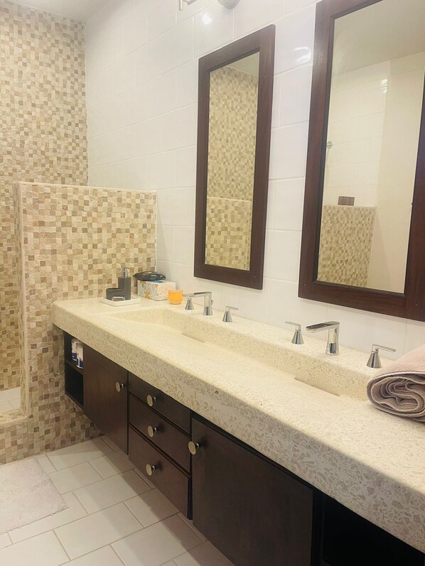 A bathroom with a double sink vanity, a mirror, and a shower area. - Casa Ellysian (San Ignacio)