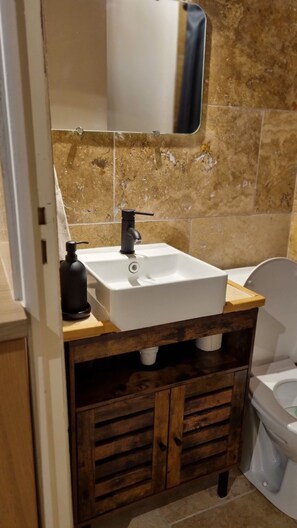 Hair dryer, towels, soap, toilet paper