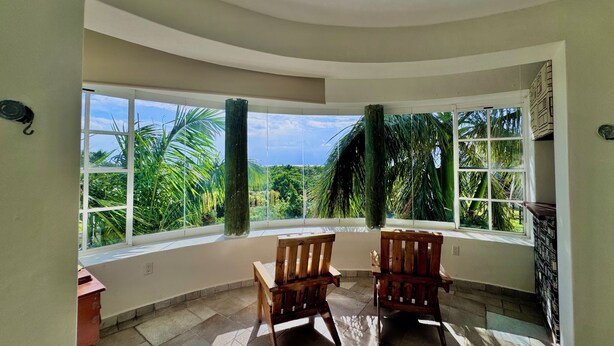 A room with two wooden chairs, a ceiling fan, and large windows offering a view of palm trees and greenery.