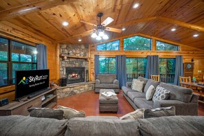 Smart TV, fireplace, foosball