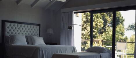 A bedroom with a large bed, a smaller bed, a desk, and a chair. There is a ceiling fan and an air conditioning unit.