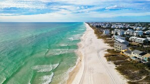 An aerial view of a beachside residential area with houses along the shoreline, a sandy beach, and the ocean. - Bikes, Close Beach Access, Gulf View, Private Pool (Inlet Beach)