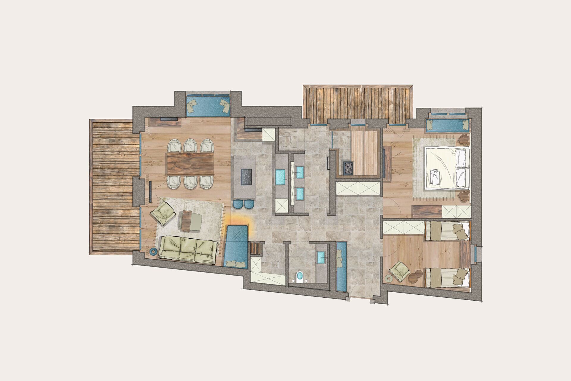 A floor plan of a hotel with a dining area, a pool, a living room, and a bedroom.