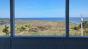 Vista a través de una ventana: cielo despejado, campo cubierto de hierba, masa de agua y un muelle distante.